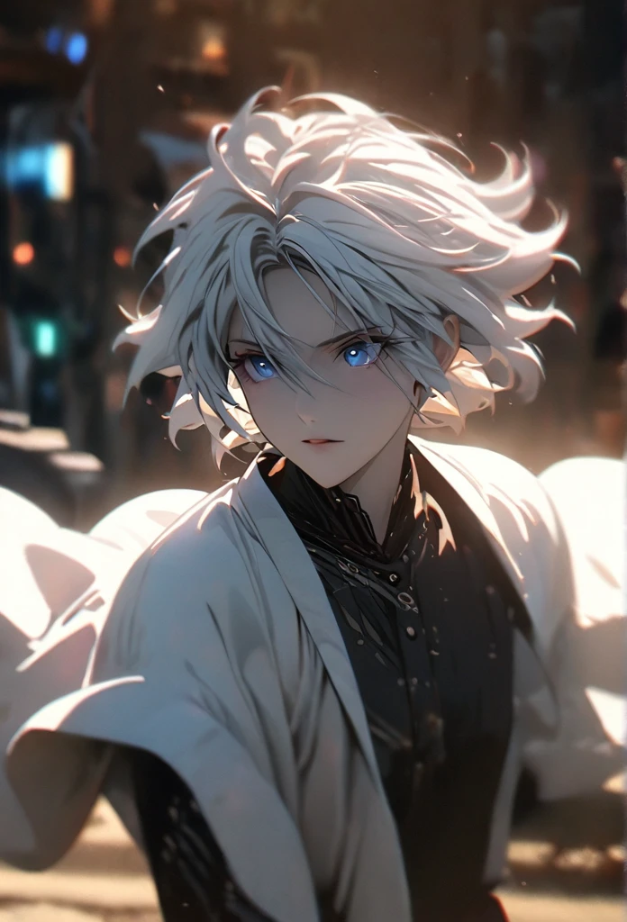 (solo), white hair, messy hair, mane hair, short hair, short hair, dense hair, wild hair, expressive hair, mature,(25 year old), pale skin, blue eyes, ((male)), wearing a black dress shirt, wearing a white cloak,, rolled up sleeves, handsome, attractive, eye reflection, depth of field, blue thunder aura, blue cinematic lighting, blue ray tracing, depth of field, cinematic lighting, blue ray tracing, UHD, high details, best quality, highres, high quality, award winning, super detail, masterpiece, 8k, UHD, high details, best quality, highres, high quality, award winning, super detail, masterpiece, 8k, digital art, anime coloring, full body shot, body shot, In a fighting position, Hand to hand combat, good face, perfect face, detailed face, good eyes, looking towards the screen.