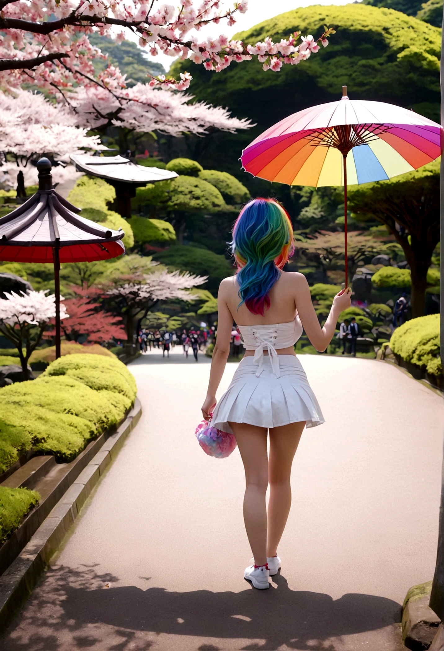 A lovely woman (miniskirt, rainbow hair, tube top, parasol) is a tourist in Japan, she is walking through a park while the cherries are in bloom, view from behind