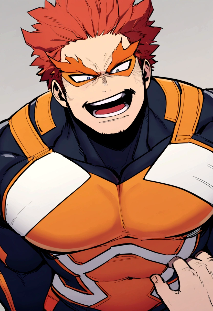 Endeavor, my hero academia, from front, super fine, bodysuits, middle-aged man, hunk, looking down and mouth wide open with shocked face, crotch grab, crotch squeeze,