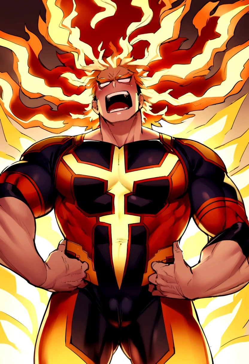 Endeavor, my hero academia, from front, super fine, bodysuits, middle-aged man, hunk, looking down and mouth wide open with shocked face, crotch grab, crotch squeeze,