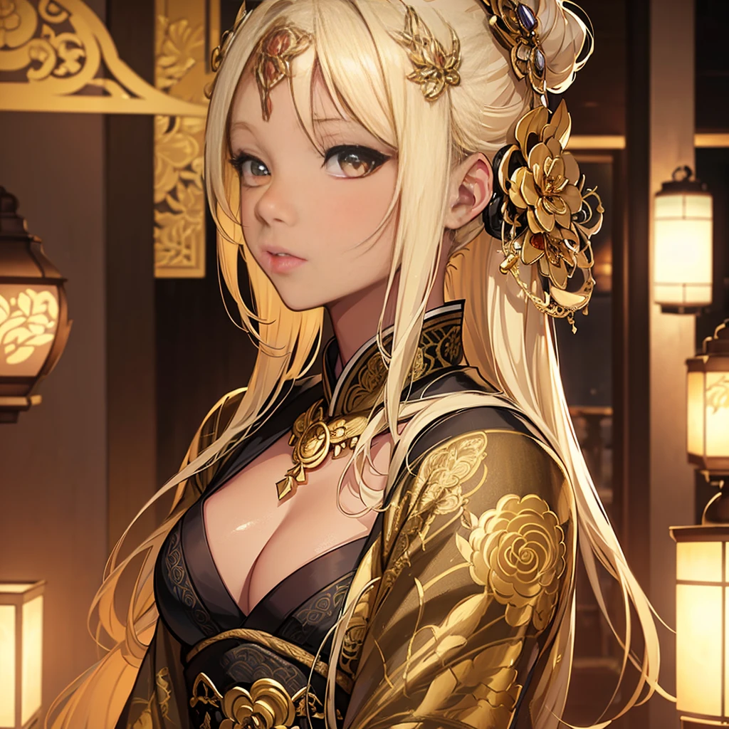 a beautiful woman with blonde hair, golden eyes, and dark skin, wearing a detailed ornate kimono, intricate patterns, cinematic lighting, highly detailed, photorealistic, 8k, sharp focus, masterpiece