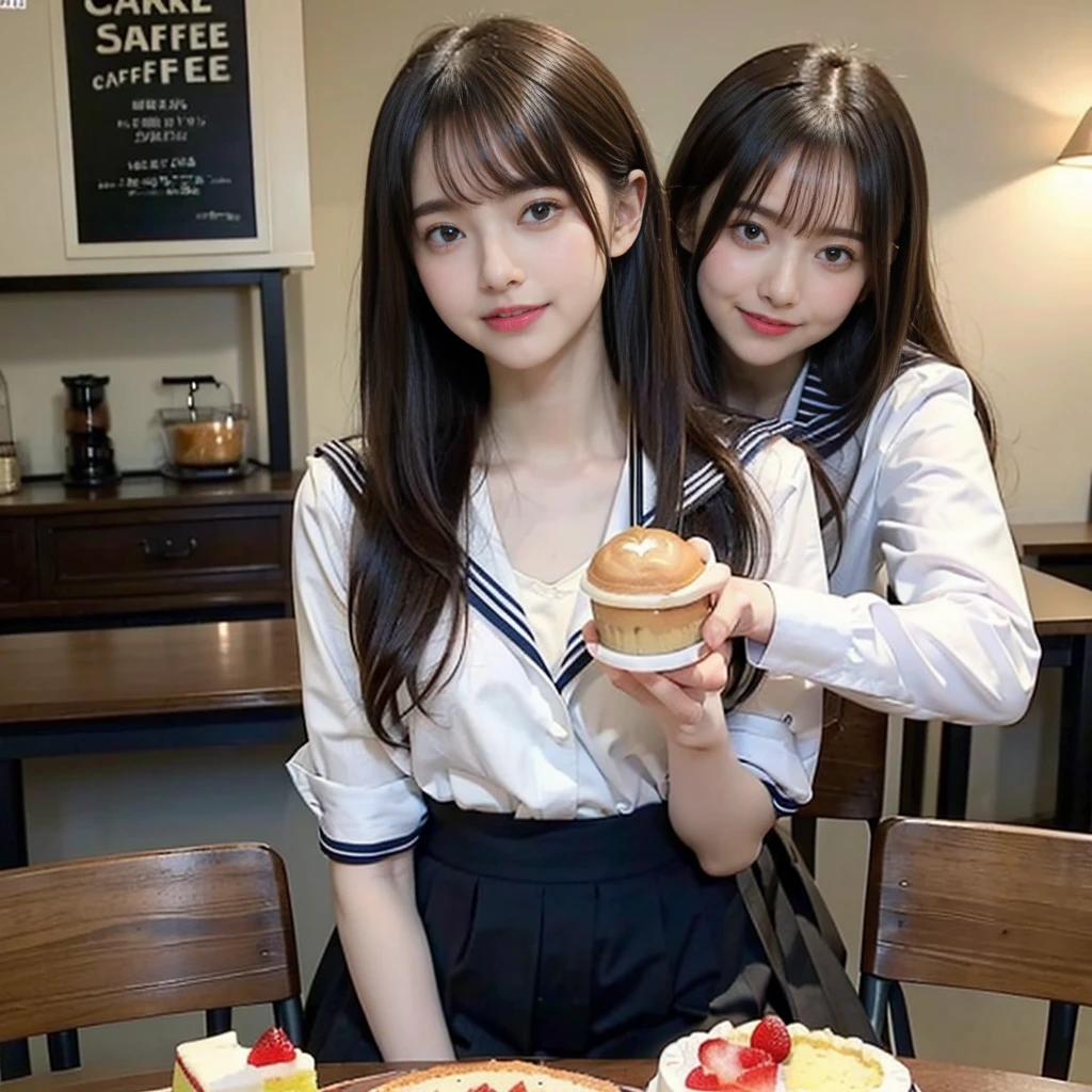 (8K)、(top-quality)、(masuter piece:1.2)、(realisitic)、(Photorealsitic:1.37)、ultra-detailliert、1girl in、(a sailor suit,:1.2),17age、High school students、a beauty girl、AKB48、nogizaka46、(masutepiece, Best Quality:1.2), 8K, Official art, Raw photo, unbelievable Ridiculous, full body Esbian, Pretty Face, No makeup, Film grain, chromatic abberation, Sharp Focus, Dynamic lighting, Cinematic lighting, Eyes and faces with detailed, Bokeh background、(Urban Cafe:1.2)、(cafes:1.2)、(Sitting in a chair:1.1),(Cake and coffee on the table:1.5)、(A smile:1.2)、18year old、High school students、(Smaller chest:1.2)、Fringe hair, hime haircut, Brown hair,(cowboy shot:1.2)、