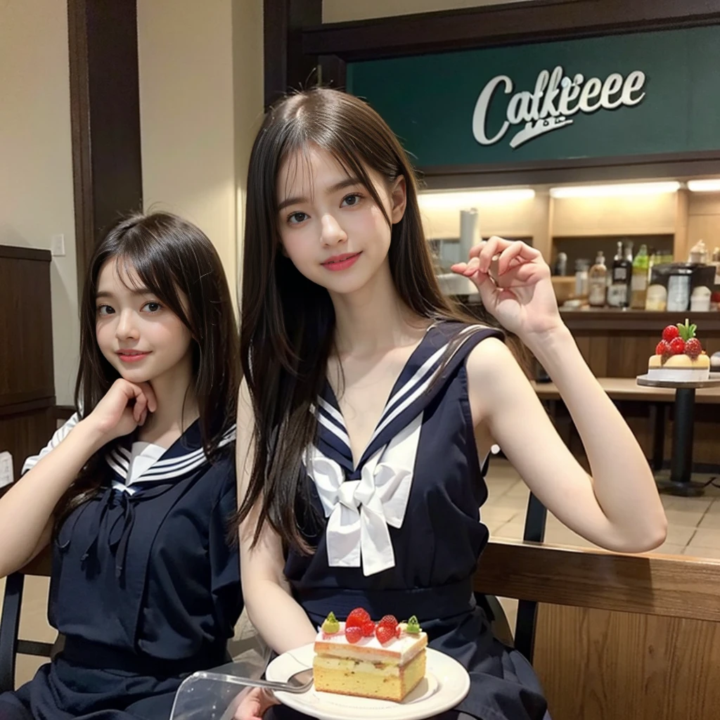 (8K)、(top-quality)、(masuter piece:1.2)、(realisitic)、(Photorealsitic:1.37)、ultra-detailliert、1girl in、(a sailor suit,:1.2),17age、High school students、a beauty girl、AKB48、nogizaka46、(masutepiece, Best Quality:1.2), 8K, Official art, Raw photo, unbelievable Ridiculous, full body Esbian, Pretty Face, No makeup, Film grain, chromatic abberation, Sharp Focus, Dynamic lighting, Cinematic lighting, Eyes and faces with detailed, Bokeh background、(Urban Cafe:1.2)、(cafes:1.2)、(Sitting in a chair:1.1),(Cake and coffee on the table:1.5)、(A smile:1.2)、18year old、High school students、(Smaller chest:1.2)、Fringe hair, hime haircut, Brown hair,(cowboy shot:1.2)、