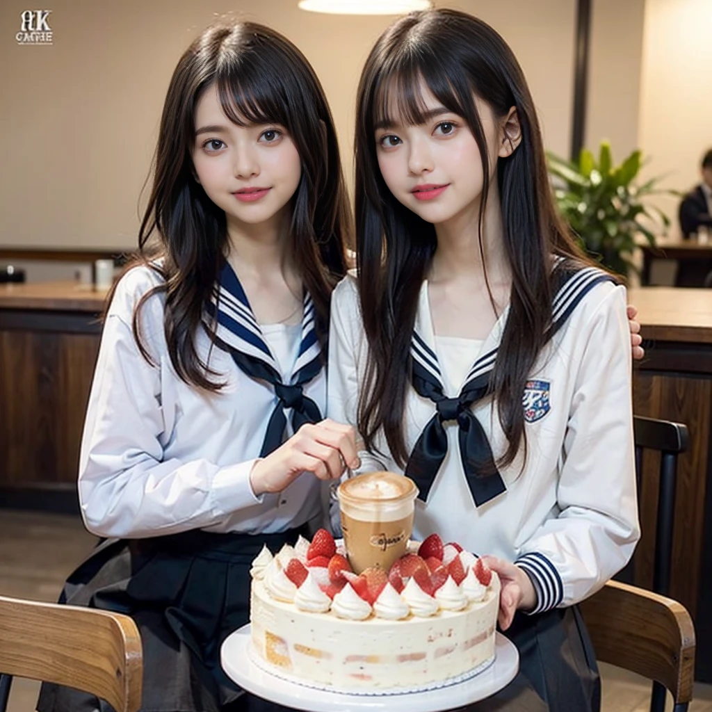 (8K)、(top-quality)、(masuter piece:1.2)、(realisitic)、(Photorealsitic:1.37)、ultra-detailliert、1girl in、(a sailor suit,:1.2),17age、High school students、a beauty girl、AKB48、nogizaka46、(masutepiece, Best Quality:1.2), 8K, Official art, Raw photo, unbelievable Ridiculous, full body Esbian, Pretty Face, No makeup, Film grain, chromatic abberation, Sharp Focus, Dynamic lighting, Cinematic lighting, Eyes and faces with detailed, Bokeh background、(Urban Cafe:1.2)、(cafes:1.2)、(Sitting in a chair:1.1),(Cake and coffee on the table:1.5)、(A smile:1.2)、18year old、High school students、(Smaller chest:1.2)、Fringe hair, hime haircut, Brown hair,(cowboy shot:1.2)、