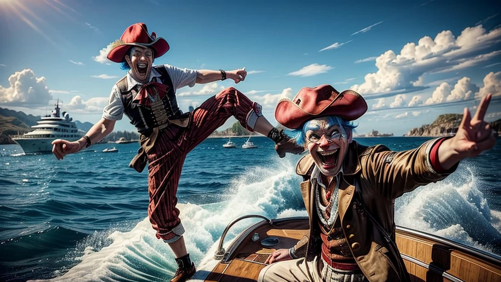 masterpiece, best quality, extremely detailed, hyperrealistic:1.1, photorealistic, a cool 40s man, ultra detailed face:1.2, red nose:1.3, long blue hair, red and white pirate hat, kicking, dynamic pose, laughing, on detailed yacht, sea