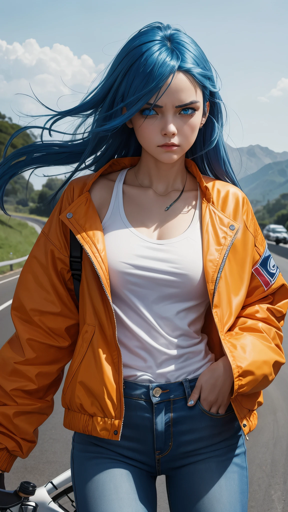 Blue-haired girl, orange jacket, white crops, and jeans, looking angry, blue eyes, one eye couldn't be seen because of hair, riding a road bicycle