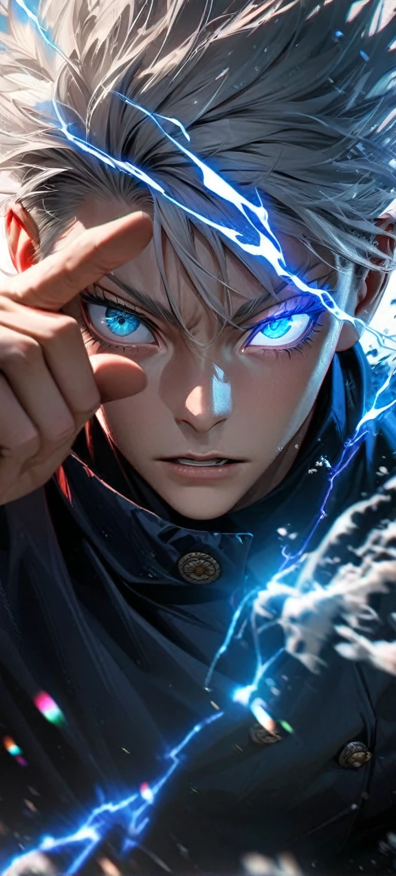  High quality, ultra realistic,absurdres, highres, ultra detailed, HDR, masterpiece, extremely detailed face and eyes,  Gojo satoru , jujutsu kaisen,, white hair ,black shirt , solo, ,man, handsome, ,white eyeleshes, blue eyes , Epic fight scene, blue splashing effect,blue lightning  effect,glowing glitters , close up,cool eyes, symetrical , one eye pose