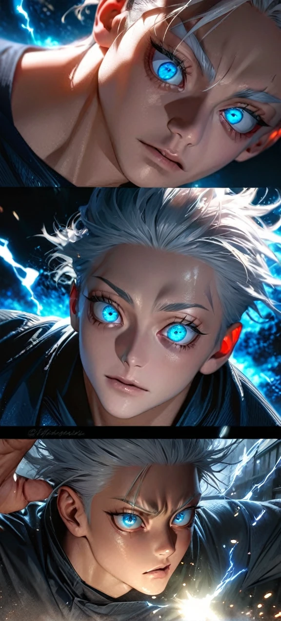  High quality, ultra realistic,absurdres, highres, ultra detailed, HDR, masterpiece, extremely detailed face and eyes,  Gojo satoru , jujutsu kaisen,, white hair ,black shirt , solo, ,man, handsome, ,white eyeleshes, blue eyes , Epic fight scene, blue splashing effect,blue lightning  effect,glowing glitters , close up,cool eyes, symetrical , one eye pose