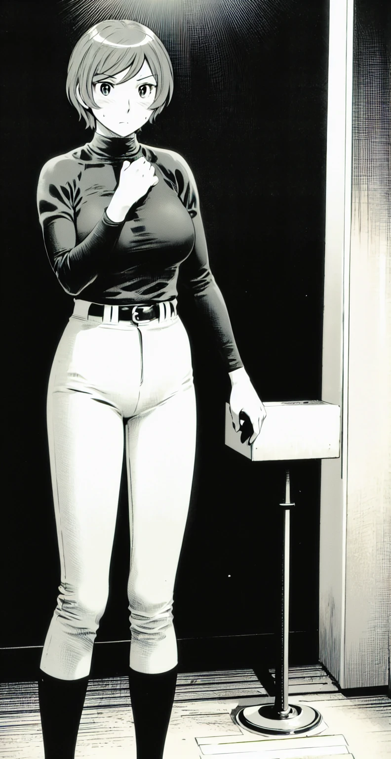 (野球uniform:1.2),
Blonde Hair, (short hair:1.2),Long sleeve, Black Shirt, turtleneck,White trousers、uniform、Black belt、((Illustration of people))、Big Boobs、
View Audience,, (Highest quality:1.3),One Girl, White pants、uniform、indoor、baseball 、White wall、blue eyes、Tight black shirt、(masterpiece、Highest quality)、Highest quality, Ultra-high resolution, (((masterpiece))), alone, Sweat、Big eyes、Big Breasts、One Girl, Front view、Embarrassed face、Bronze colored hair、((short hair))、Stand up straight、Cowboy Shot