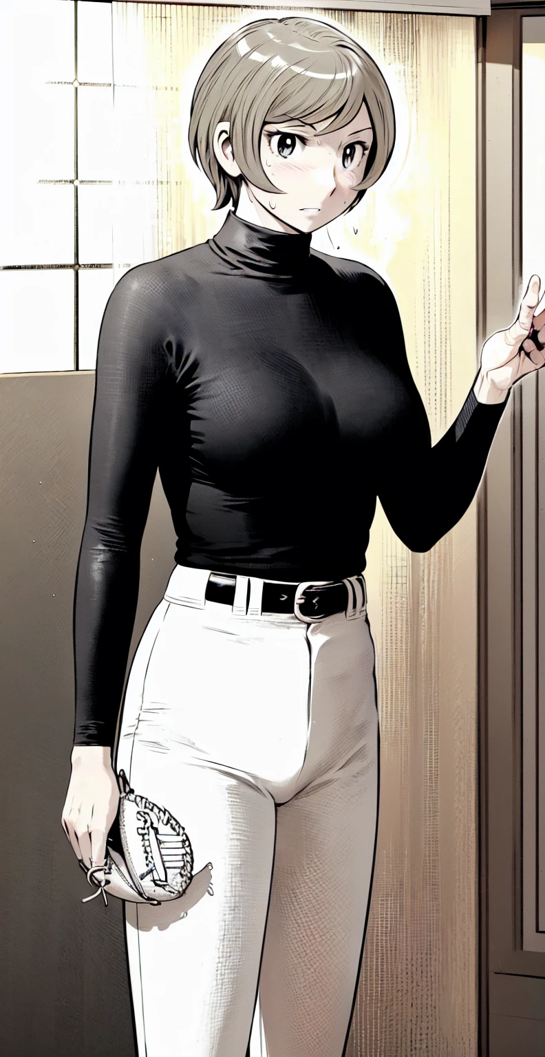 (野球uniform:1.2),
Blonde Hair, (short hair:1.2),Long sleeve, Black Shirt, turtleneck,White trousers、uniform、Black belt、((Illustration of people))、Big Boobs、
View Audience,, (Highest quality:1.3),One Girl, White pants、uniform、indoor、baseball 、White wall、blue eyes、Tight black shirt、(masterpiece、Highest quality)、Highest quality, Ultra-high resolution, (((masterpiece))), alone, Sweat、Big eyes、Big Breasts、One Girl, Front view、Embarrassed face、Bronze colored hair、((short hair))、Stand up straight、Cowboy Shot