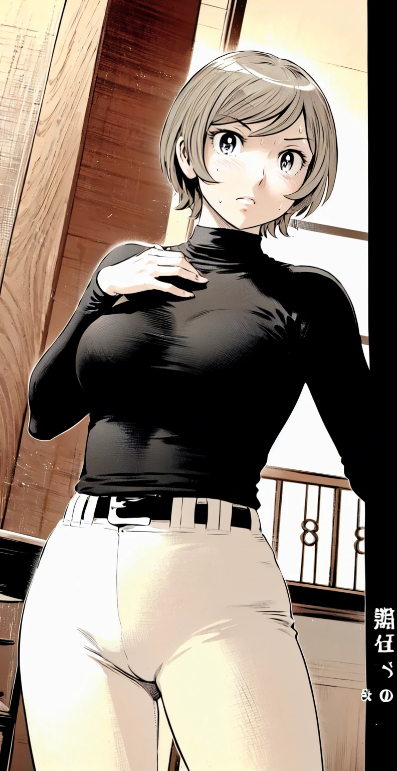 (野球uniform:1.2),
Blonde Hair, (short hair:1.2),Long sleeve, Black Shirt, turtleneck,White trousers、uniform、Black belt、((Illustration of people))、Big Boobs、
View Audience,, (Highest quality:1.3),One Girl, White pants、uniform、indoor、baseball 、White wall、blue eyes、Tight black shirt、(masterpiece、Highest quality)、Highest quality, Ultra-high resolution, (((masterpiece))), alone, Sweat、Big eyes、Big Breasts、One Girl, Front view、Embarrassed face、Bronze colored hair、((short hair))、Stand up straight、Cowboy Shot
