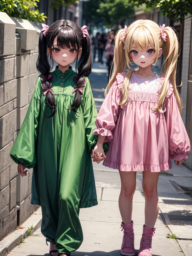 Two girls holding hands, one with blonde pigtails falling over her shoulders and a pink jumpsuit while the other is wearing a long-sleeved green dress., He has black eyes and long black hair with straight bangs.