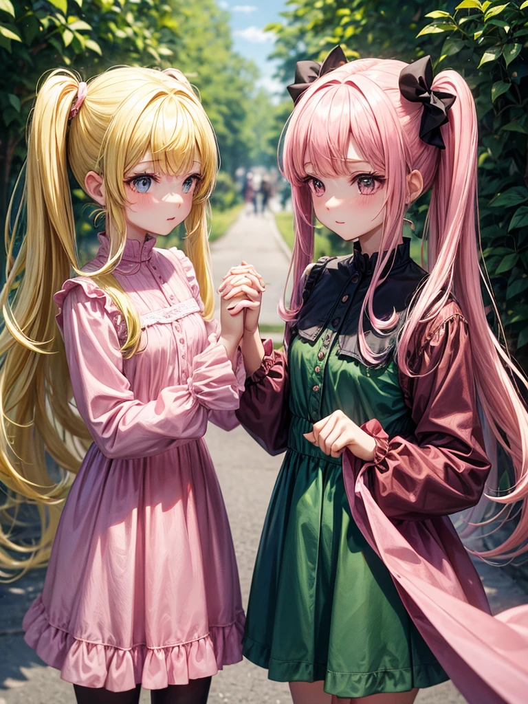 Two girls holding hands, one with blonde pigtails falling over her shoulders and a pink jumpsuit while the other is wearing a long-sleeved green dress., He has black eyes and long black hair with straight bangs.