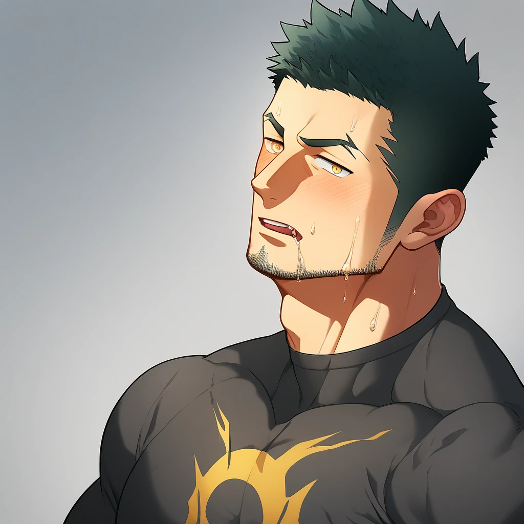 anime characters：Gyee, Priapus, Muscle Sports Student, 1 muscular tough guy, Manliness, male focus, Light yellow high collar long sleeve tight T-shirt, Very tight, The clothes were soaked with sweat, The pectoral muscles are oversized, Slightly transparent, muscular male, muscular, only, Upper body, alone, Black short hair, Thick eyebrows, stubble, Yellow eyes, Grey background, simple background, amazing quality, best aesthetics, Ridiculous, bright pupils, crew cut, parted lips, shy, blush, moaning, saliva, drooling, saliva trail, drop shadow, best quality