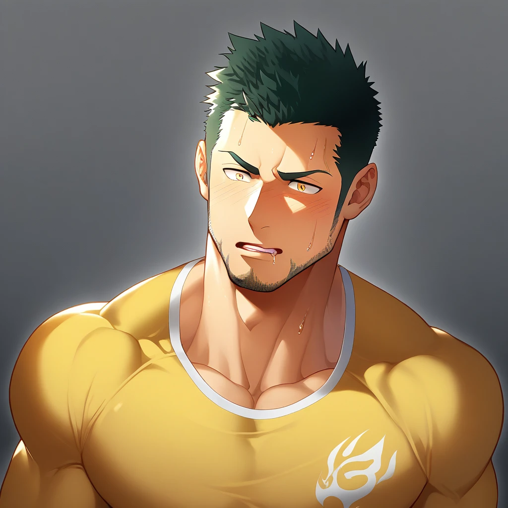 anime characters:Gyee, Priapus, Muscle Sports Student, 1 muscular tough guy, Manliness, male focus, Light yellow high collar long sleeve tight T-shirt, Very tight, The clothes were soaked with sweat, The pectoral muscles are oversized, Slightly transparent, muscular male, muscular, only, Upper body, alone, Black short hair, Thick eyebrows, stubble, Yellow eyes, Grey background, simple background, amazing quality, best aesthetics, Ridiculous, bright pupils, crew cut, parted lips, shy, blush, moaning, saliva, drooling, saliva trail, drop shadow, best quality