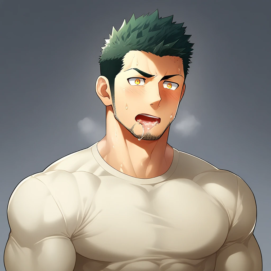 anime characters：Gyee, Priapus, Muscle Sports Student, 1 muscular tough guy, Manliness, male focus, Light yellow high collar long sleeve tight T-shirt, Very tight, The clothes were soaked with sweat, The pectoral muscles are oversized, Slightly transparent, muscular male, muscular, only, Upper body, alone, Black short hair, Thick eyebrows, stubble, Yellow eyes, Grey background, simple background, amazing quality, best aesthetics, Ridiculous, bright pupils, crew cut, parted lips, shy, blush, moaning, saliva, drooling, saliva trail, drop shadow, best quality