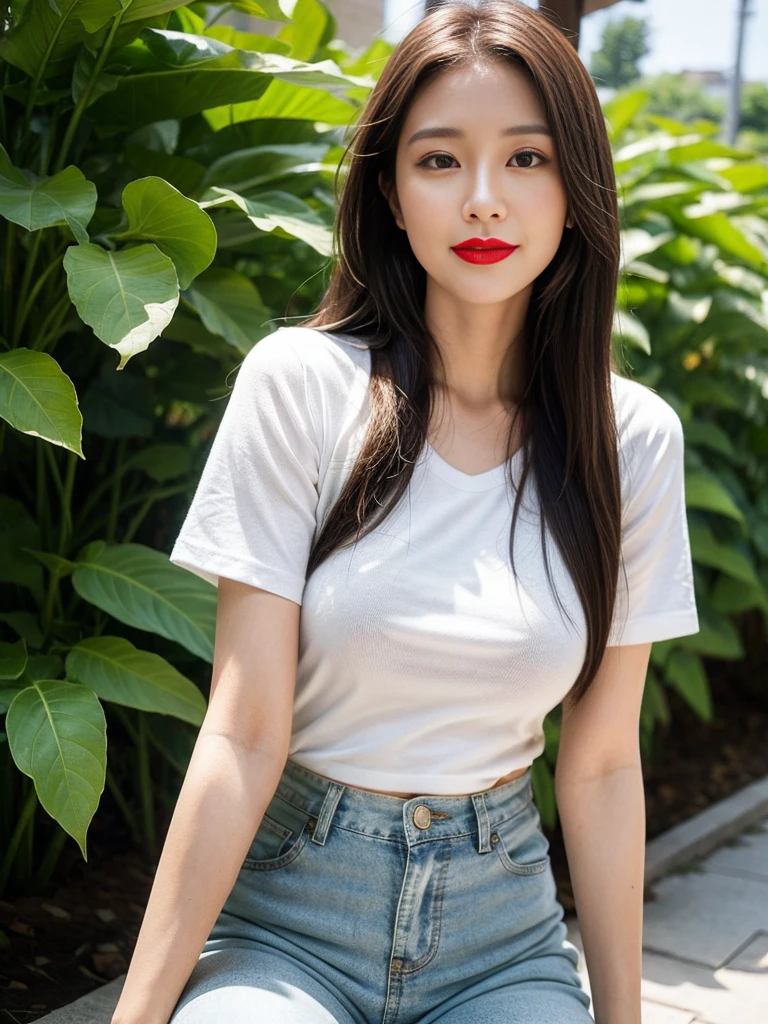 Draw lips correctly, red lipstick, from chest up, best quality, Super detailed, lifelike, Super fine skin, perfect anatomy, (1 Japanese Mature Woman), (alone),Wear a white crew neck shirt,short sleeves,green pants,wavy long hair,37-year-old female,Mature,charming smile,outdoor background,stand,Leg length,Chubby body,Big breasts,stand up,full-body shot