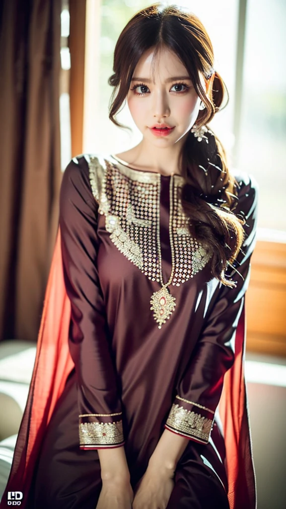 (((HD photo))), ultra high res.photorealistic:. 1.4, UHD An individual wearing shalwar kameez in an ultra-detailed and realistic manner, with every intricate detail of the fabric and stitching clearly visible. The image should showcase the best quality, with a resolution of 4k or 8k, resembling a masterpiece. The color palette should be vibrant and the lighting should highlight the texture of the clothing. The overall composition should be focused on the person, capturing their posture, expression, and the intricate patterns on the shalwar kameez. The art style should emphasize the beauty of portraits and highlight the cultural significance of the clothing
