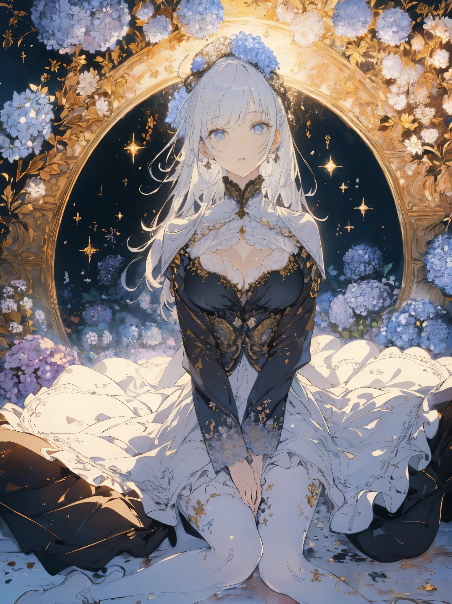 (Landscape photo, with a woman in the bottom right of photo:1.5, in white garden:1.5, Official art using high-quality hand-drawn watercolor sketch techniques), Masterpiece, best quality, (very detailed CG unity 8k wallpaper), (best quality), High definition RAW color art, Animation,sculptures, (black Marble Skin), (((Ultra detailed elegant))), Magical atmosphere, Detailed skin, Texture,(Intricately detailed, Fine detail, ultra-detail art), depth of fields, bokeh, Silky Touch, Hyper Detail, beautiful eyes, Elegant Face, (spread legs:1.3, ass focus, lying on floor, looking from below), sparkle background, enormous breast:1.3, (silver hair), pure white, muscle, embarrassing face, hydrangea, Dramatic Light, maid costume