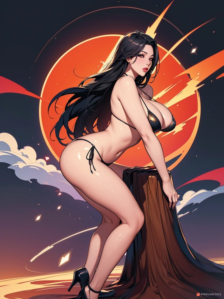 A detailed illustration muted chinese ink painting, magic cosmic colors, rice paper texture, digital paint, Beautiful asian woman, red lips, thick long hair, red micro bikini, g string bikini, big breast, curve hourglass body, red high heels, standup, backside view from camera,one black and gold future portal in the sky. Venus. Space. Clouds wet to wet techniques. vibrant vector professional art. using Cinema 4D