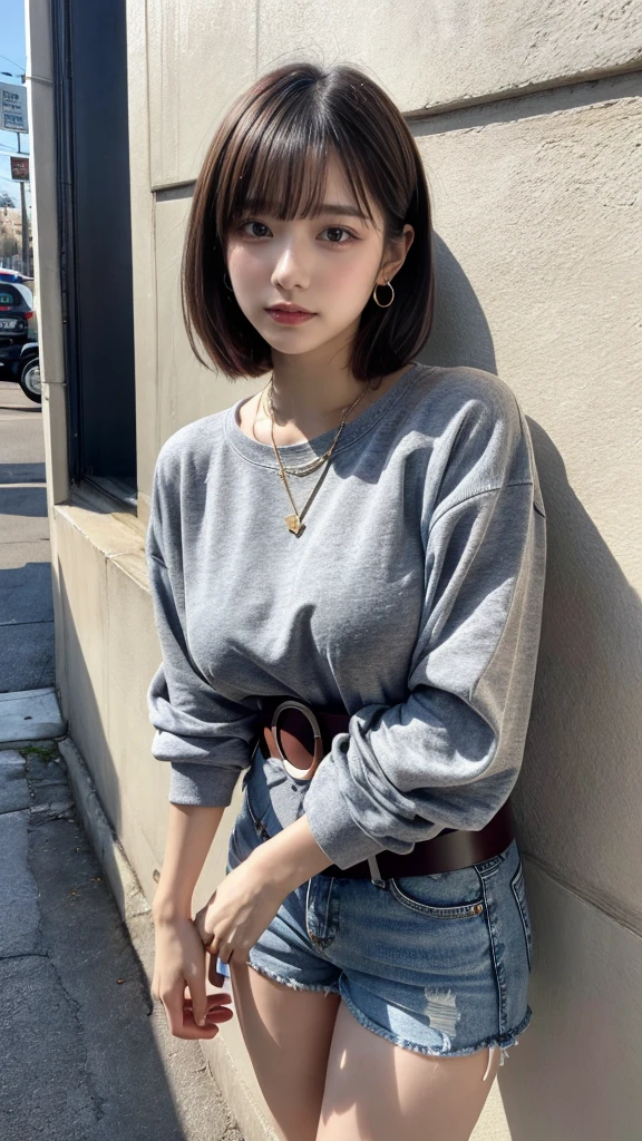 masterpiece, best quality, illustration, Super detailed, fine details, High resolution, 8K,wall paper, perfect dynamic composition, full body photo, leaning forward, crossed arms, (Details High quality, realistic depiction of eyes:1.3), 20 year old girl, Gravure Idol, cute type, large breasts, short bob hair, black hair color, Korean style makeup, Big Natural Color Lip, thick thighs, perfect body shape, plump figure, champion gray sweatshirt, denim short pants, Leather belt, necklace, earrings