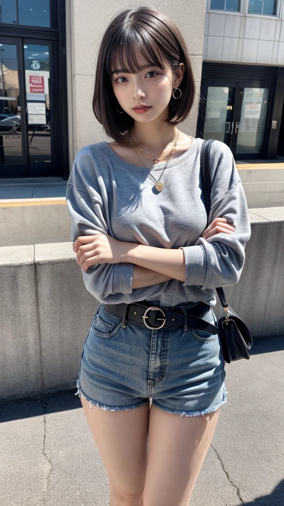 masterpiece, best quality, illustration, Super detailed, fine details, High resolution, 8K,wall paper, perfect dynamic composition, full body photo,  leaning forward, crossed arms, (Details High quality, realistic depiction of eyes:1.3), 20 year old girl, Gravure Idol, cute type, large breasts, short bob hair, black hair color, Korean style makeup, Big Natural Color Lip, thick thighs, perfect body shape, plump figure, champion gray sweatshirt, denim short pants, Leather belt, necklace, earrings