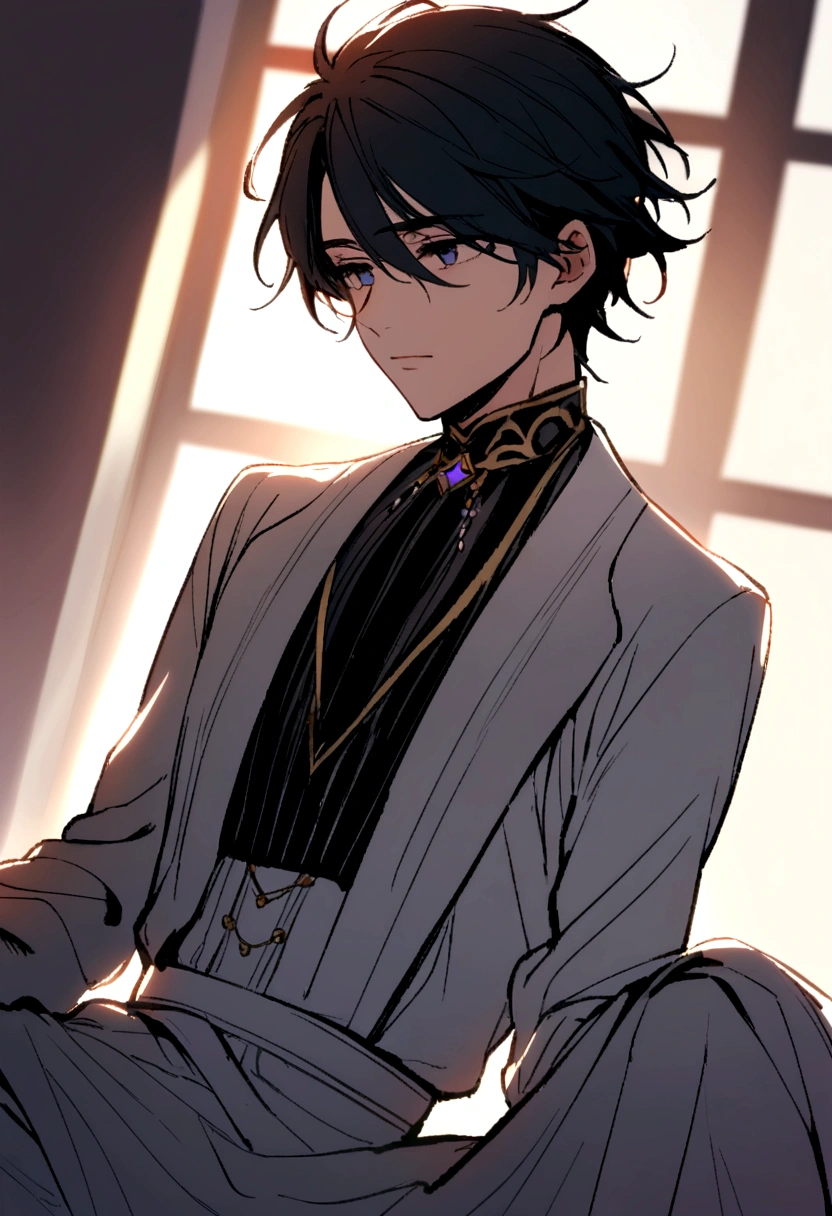 a boy with calm look and black hair relaxing elegantly and falls softly around his eyes and