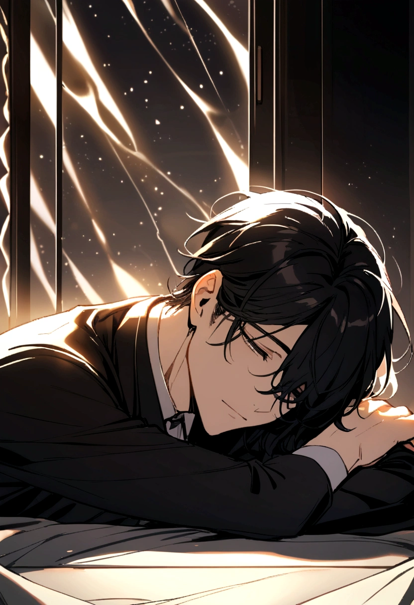 a boy with calm look and black hair relaxing elegantly and falls softly around his eyes and