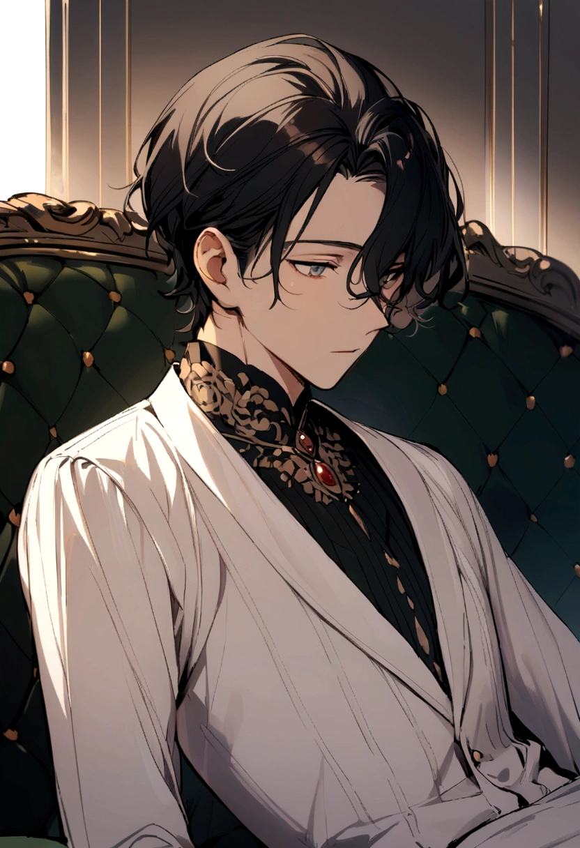 a boy with calm look and black hair relaxing elegantly and falls softly around his eyes and