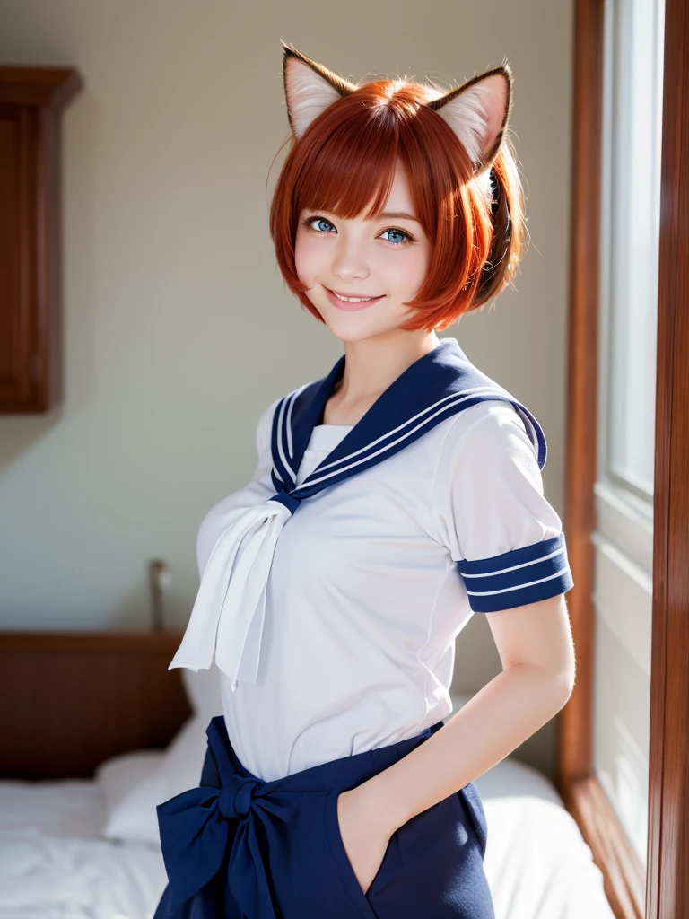 Highest quality,High resolution,１People Girl,whole body,fine,smile,looking at the camera,Bedroom,Dazzling lighting,short hair,Red hair,Blue eyes,Sailor suit,beautiful girl,Cat ears on the head,Cat tail on waist,smile,be happy,