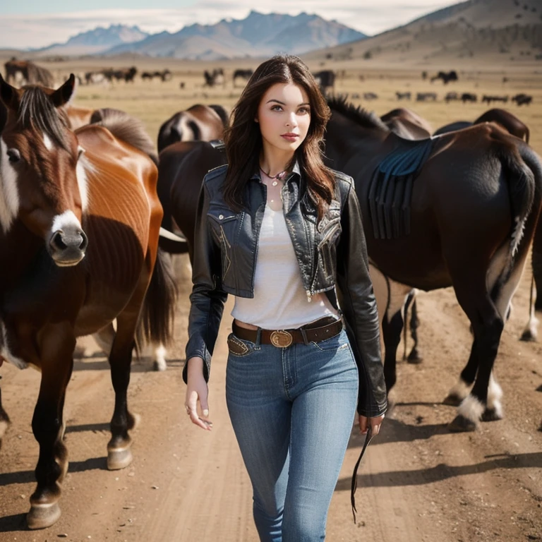 An Araffe woman wearing a leather jacket stands in front of a herd of horses., cowgirl, cow girl, Western clothes, western cowgirl, Julia Rasumova's style, In the style of Kirill Kotachev, The promotion is still on., leather clothing and boots, brown leather jacket, leather clothing, Hailee Steinfeld, She wore a leather jacket.