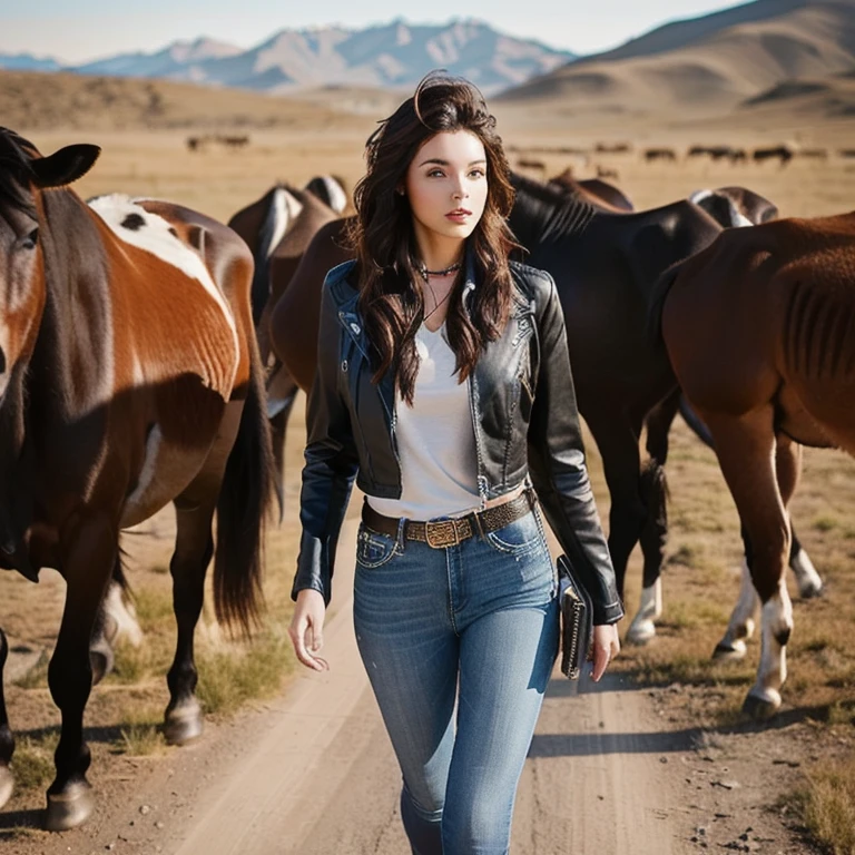 An Araffe woman wearing a leather jacket stands in front of a herd of horses., cowgirl, cow girl, Western clothes, western cowgirl, Julia Rasumova&#39;s style, In the style of Kirill Kotachev, The promotion is still on., leather clothing and boots, brown leather jacket, leather clothing, Hailee Steinfeld, She wore a leather jacket.