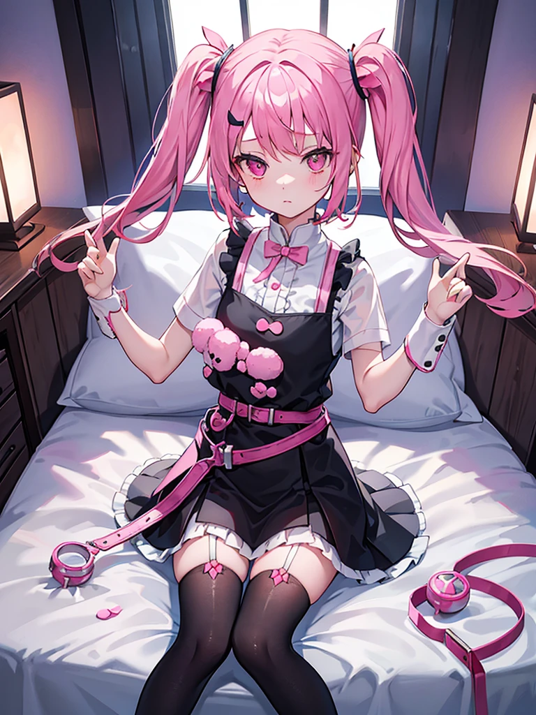 a girl,wariza,wrist cutting with cutter,pink hair,cute room,tear,two side up,jirai kei,black thighhighs