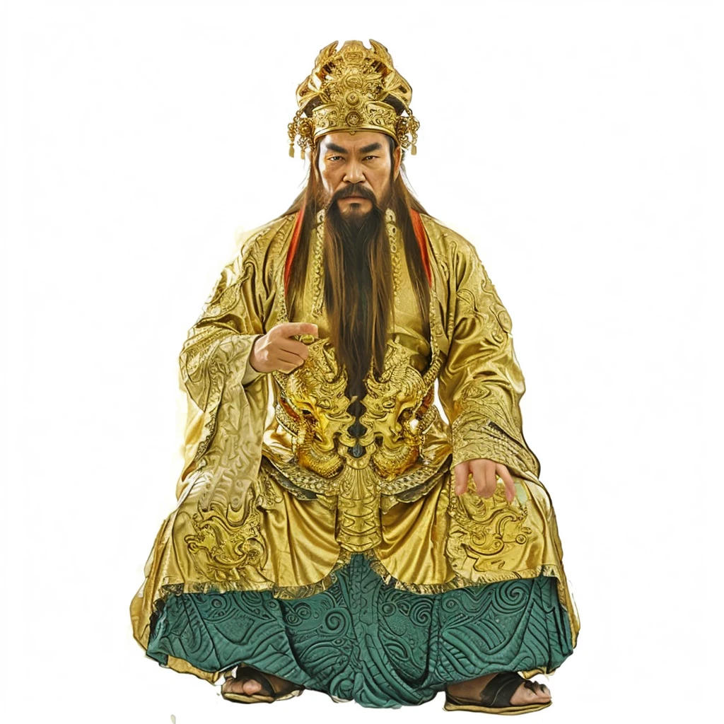 ancient chinese old man with long beard, wearing luxurious gold dragon robe, 2 belts with green jades