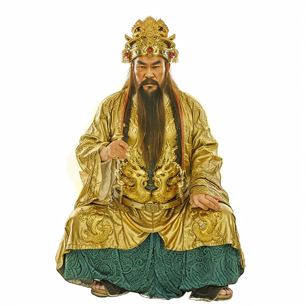 ancient chinese old man with long beard, wearing luxurious gold dragon robe, 2 belts with green jades