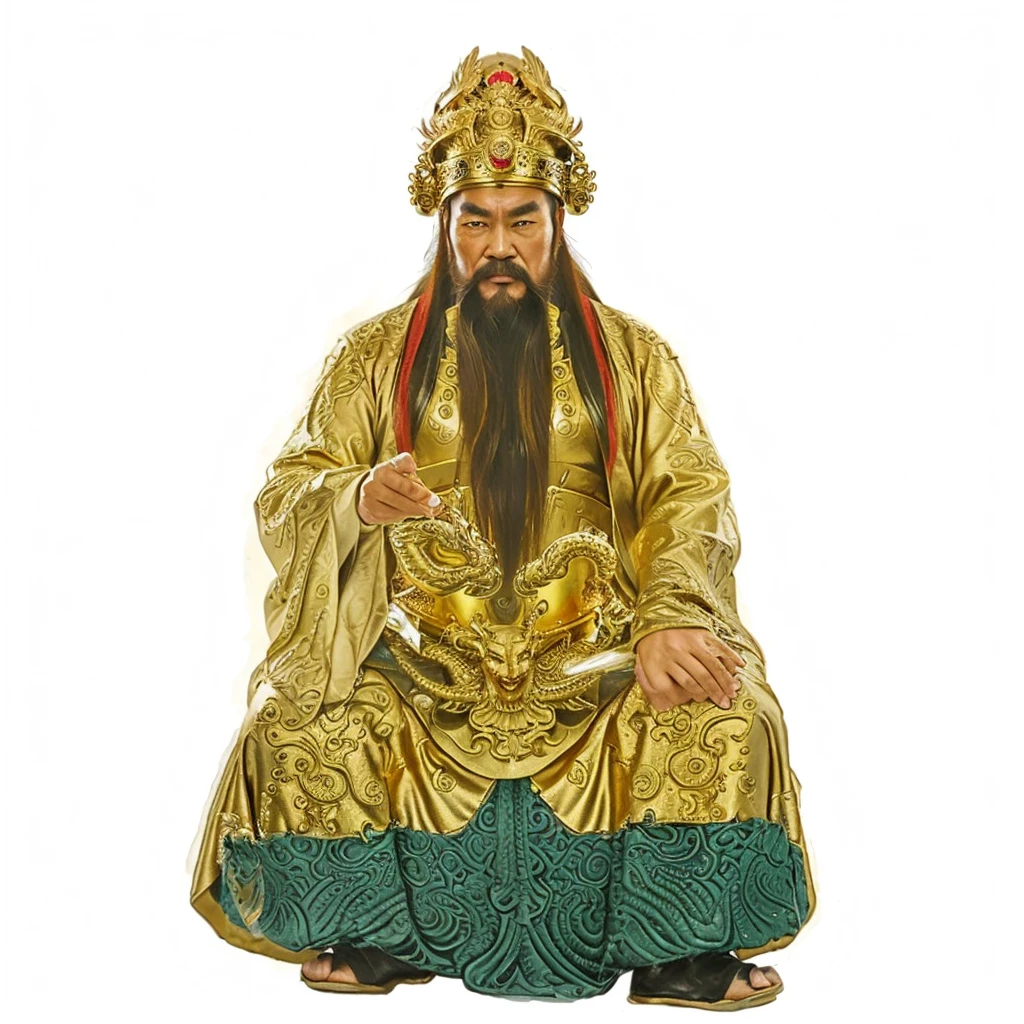 ancient chinese old man with long beard, wearing luxurious gold dragon robe, 2 belts with green jades