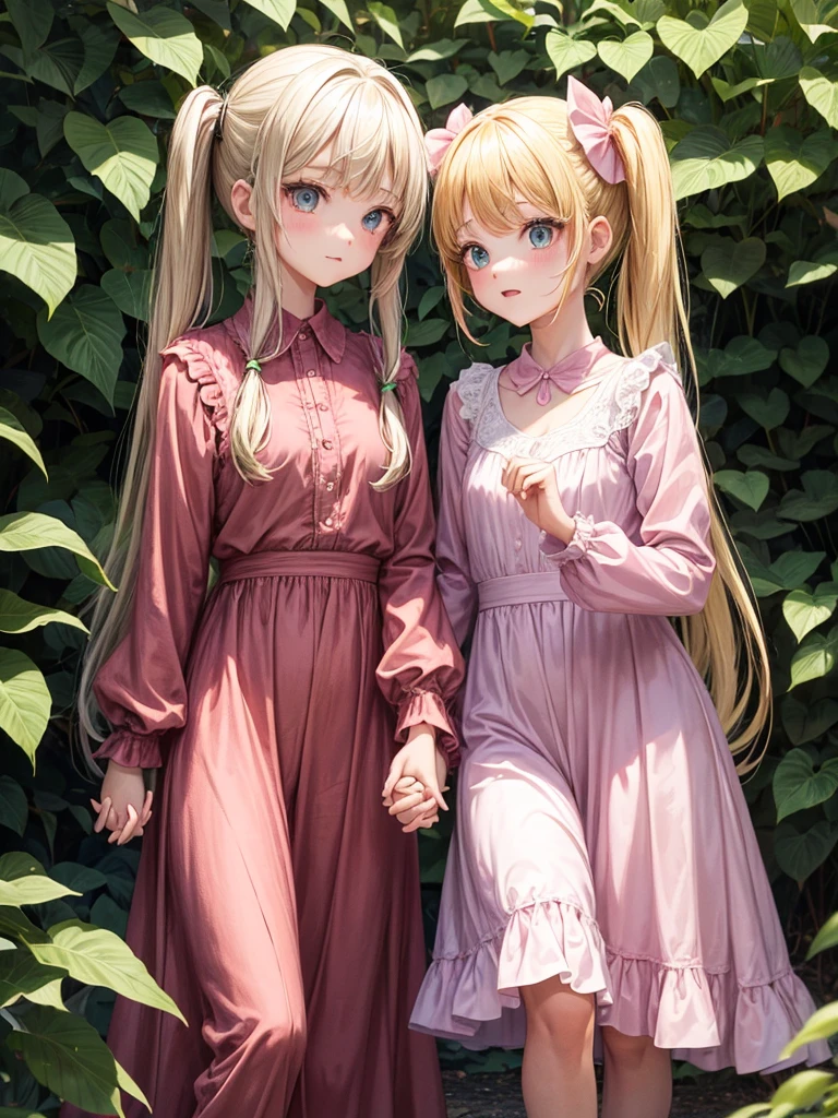 Two girls holding hands, one with blonde pigtails falling over her shoulders and a pink jumpsuit while the other is wearing a long-sleeved green dress., He has black eyes and long black hair with straight bangs.