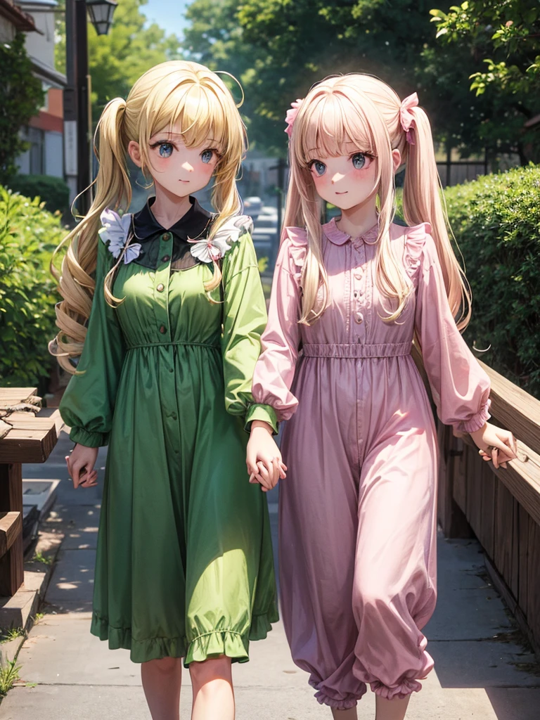 Two girls holding hands, one with blonde pigtails falling over her shoulders and a pink jumpsuit while the other is wearing a long-sleeved green dress., He has black eyes and long black hair with straight bangs.
