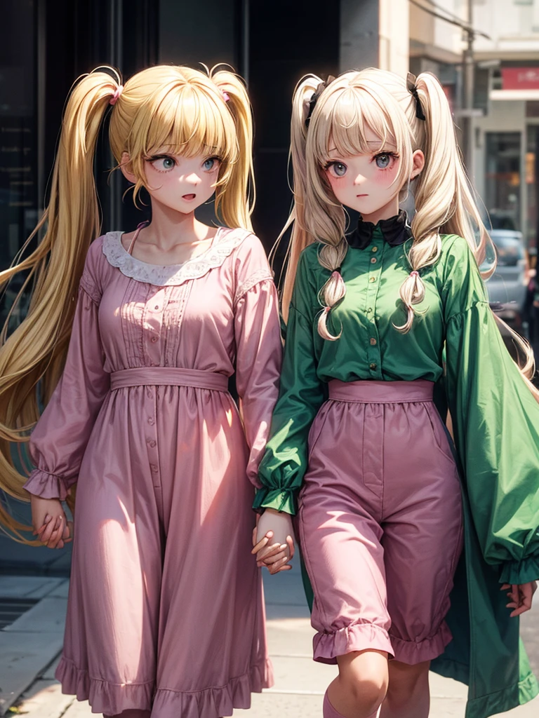 Two girls holding hands, one with blonde pigtails falling over her shoulders and a pink jumpsuit while the other is wearing a long-sleeved green dress., He has black eyes and long black hair with straight bangs.