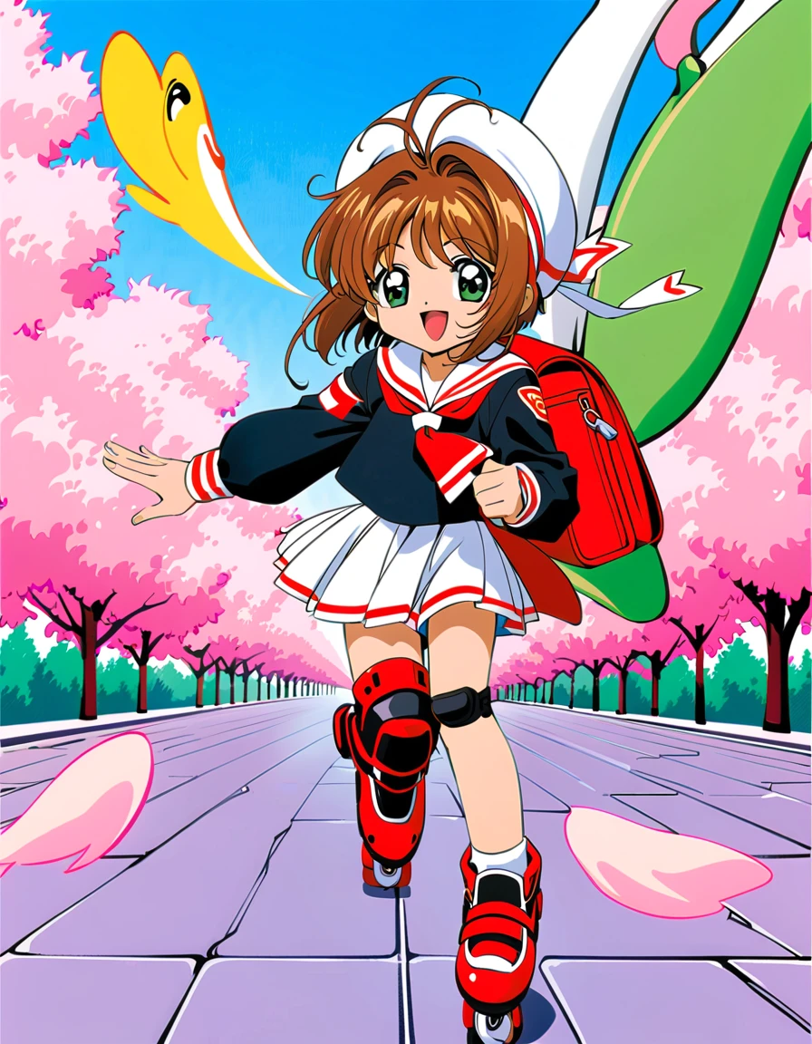 roller skate, One girl, Annoying, Brown Hair, kinomoto sakura, white skirt, inline skate, skate, Uniforms of Tomoeda , cherry blossoms, , skirt, Green Eyes, White Hat, bag, Backpack, Open your mouth, Have, 1990s (style), petal, short hair, smile, retro artstyle, pleateD skirt, Hair ties, :D, Knee pads, whole body, bangs, View your viewers, Seraphim, Antenna Hair, woman , hair ornaments, Living things, black shirt, wing, Long sleeve, neckerchief, Sailor collar, Outdoor, shirt, Day, 