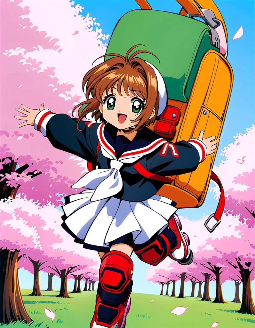 roller skate, One girl, Annoying, Brown Hair, kinomoto sakura, white skirt, inline skate, skate, Uniforms of Tomoeda Elementary School, cherry blossoms, , skirt, Green Eyes, White Hat, bag, Backpack, Open your mouth, Have, 1990s (style), petal, short hair, smile, retro artstyle, pleateD skirt, Hair ties, :D, Knee pads, whole body, bangs, View your viewers, Seraphim, Antenna Hair, woman , hair ornaments, Living things, black shirt, wing, Long sleeve, neckerchief, Sailor collar, Outdoor, shirt, Day,