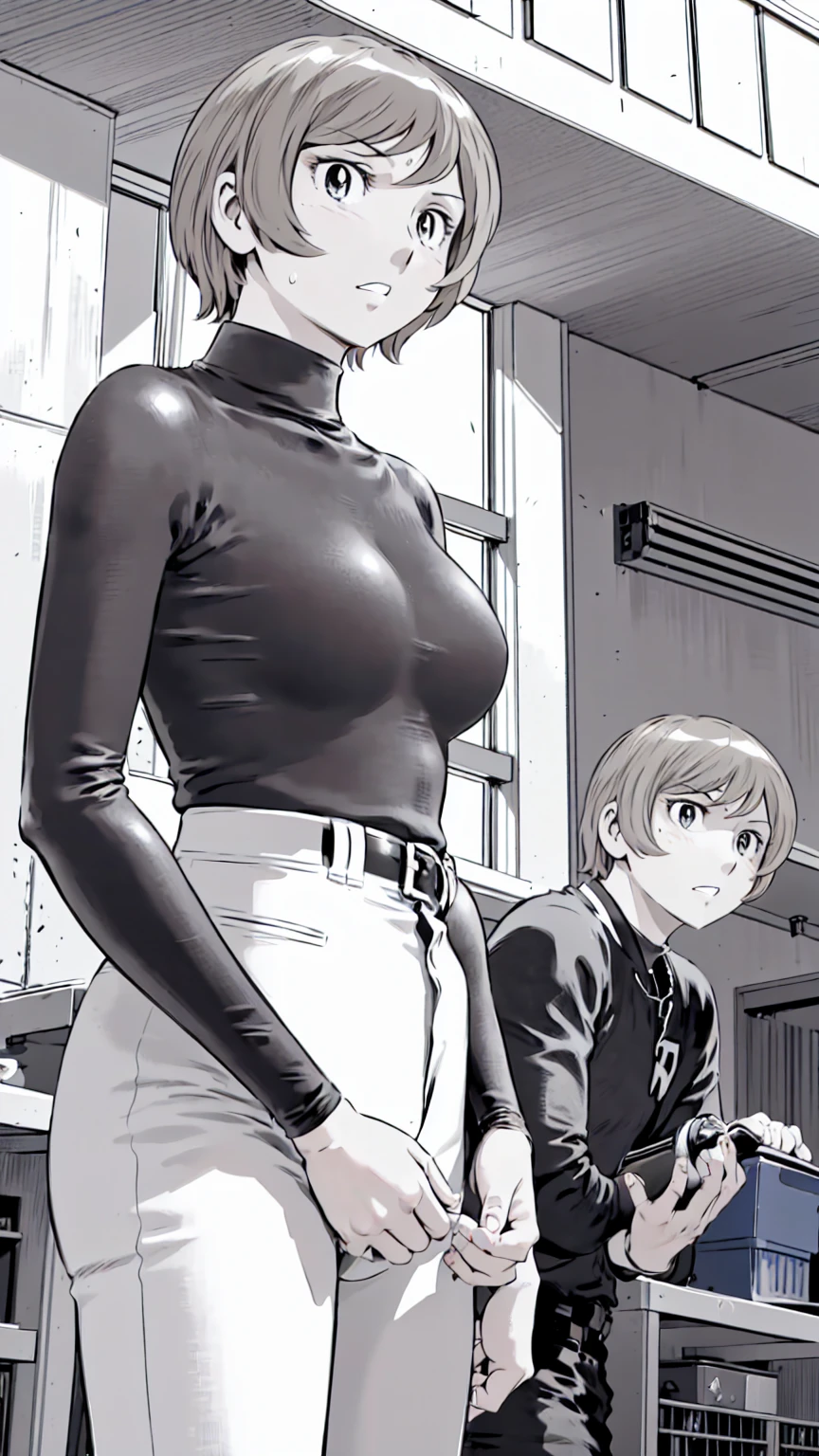 (野球uniform:1.2),
Blonde Hair, (short hair:1.2),Long sleeve, Black Shirt, turtleneck,White trousers、uniform、Black belt、((Illustration of people))、Big Boobs、
View Audience,, (Highest quality:1.3),One Girl, White pants、uniform、Outdoor、baseball ground、ground、soil、blue eyes、Tight black shirt、(masterpiece、Highest quality)、Highest quality, Ultra-high resolution, (((masterpiece))), alone, Sweat、Big eyes、Big Breasts、One Girl, Front view、Embarrassed face、Bronze colored hair、((short hair))、Stand up straight、Cowboy Shot