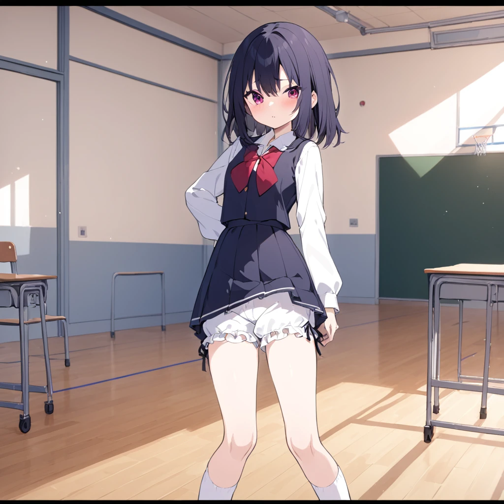 SFW,Bloomers,School,Photo of a girl in a gymnasium with a wooden floor.