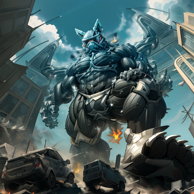 (masterpiece. official art. 8k. best quality. detailed full body. full body.)
(situation 1 : dominating LUCARIO. gigantic titan is destroying a city.)

(Additional details 1: wearing a full-face helmet. helmet is jet black. The color of NANOSUIT is jet black. high-tech bio-mecha armor. real texture material. whole body shines like metal. Wearing cyberpunk mecha. emphasizes the muscles. suit fully made of metal. intricate armor. Robotic suit. suit fully made of metal. NANOSUIT with the same design as LUCARIO.). (Lucario has 5 toes.)

(Additional details 2: (Detailed head. Detailed Body. Detailed abs. gigantic muscles. HYPER MUSCLES. Gigachad Muscular. big muscle. pecs. triceps. traps. unusually developed muscular body. body full of huge muscles. showing off muscles. pectorales enormes. Exaggeratedly huge muscles. huge muscles. long legs.).

(Additional details 3: nj5furry, Spread wings. It has wings. black have big wings. The claws are sharp. Sharp teeth.5 toes.).  (Additional details 4: black color hyper penis. hyper black penis. big penis) (Additional details 5 : Spraying hyper cum up everywhere into the sky from his erect penis. wide spray of cum, covered in cum, cum splashing in front of camera, bukkake, earth is under a thick later of cum.) He is laughing defiantly. The penis is integrated into the armor.