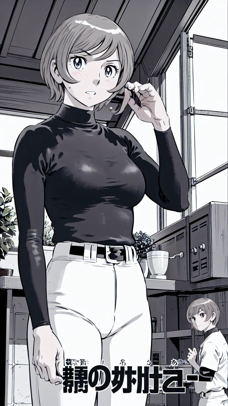 (野球uniform:1.2),
Blonde Hair, (short hair:1.2),Long sleeve, Black Shirt, turtleneck,White trousers、uniform、Black belt、((Illustration of people))、Big Boobs、
View Audience,, (Highest quality:1.3),One Girl, White pants、uniform、Outdoor、baseball ground、ground、soil、blue eyes、Tight black shirt、(masterpiece、Highest quality)、Highest quality, Ultra-high resolution, (((masterpiece))), alone, Sweat、Big eyes、Big Breasts、One Girl, Front view、Embarrassed face、Bronze colored hair、((short hair))、Stand up straight、Cowboy Shot