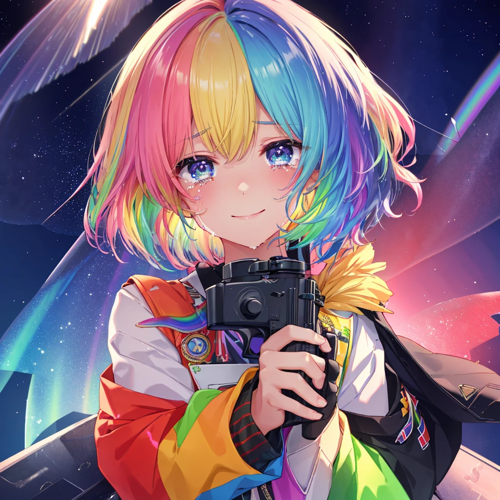 (((Extreme close-up tears smile Holding a gun with both hands Show the gun))) ((輝くtears Rainbow Hair Rainbow Eyes Short Hair Receiving the light smile Rainbow light Aurora)) (Shining Edge Pillar of Light)
