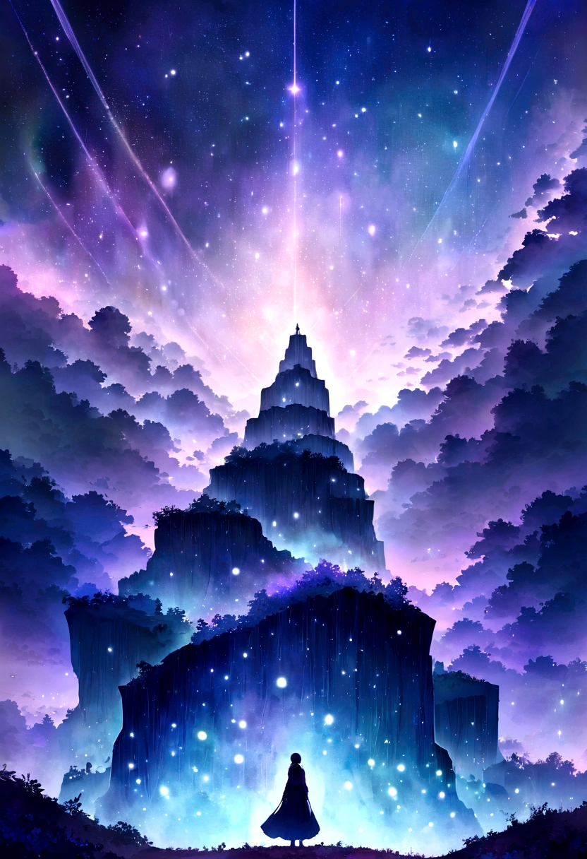 Anime-style illustration of an ethereal and mysterious scene. A young protagonist, with a look of determination and wonder, stands at the edge of a cliff overlooking an endless, starry sky. Ghostly, translucent figures float in the air, representing the intangible nature of dreams and aspirations. Soft, glowing light emanates from the stars and the figures, creating a mystical and serene atmosphere. The overall color palette should be a blend of dark blues, purples, and soft whites, capturing the beauty and enigma of the unknown.