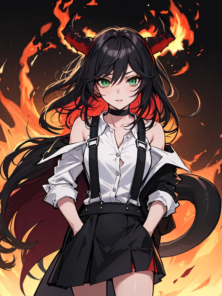absurdres, 8k, 4k, masterpiece, hyper extreme detailed:1.2), solo, 1girl, front view, perfect face, 1girl, portrait, expressive eyes, looking at viewer, solo, green eyes, standing, mature female, , pale, long black hair, groan, casual wear, , looking forward, front view, black horns, confident, cautious, rational, messy hair, wind, windy, moving hair, moving clothes, swept bangs, front view, unyielding, mature body, tomboy, dragon tail, , black nails, wild hair, velvet crowe, scars, fatigue, Black Demonic Horns, Dragon Horns, Dragon Tail, fire, long skirt, hands in pockets, white shirt black letters, exposed shoulder, shoulder strap, suspenders, velvet crowe, velvet-outfit, red hair gradients, village background, fiery, flames, burning, 
