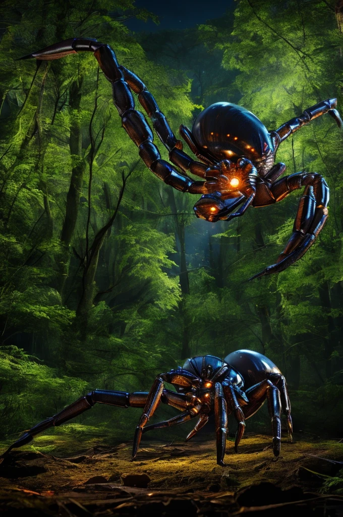 a giant alien spider with a scorpion tail crawling down a tree trunk in a moonlit forest, masterpiece, best, photo realistic