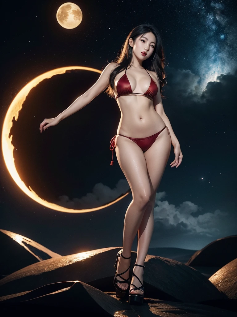 A detailed illustration muted chinese ink painting, magic cosmic colors, rice paper texture, digital paint, Beautiful asian woman, red lips, thick long hair, red micro bikini, g string bikini, big breast, curve hourglass body, red high heels, standup, backside view from camera,one black and gold future portal in the sky. Venus. Space. Clouds wet to wet techniques. vibrant vector professional art. using Cinema 4D